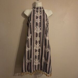 THML Thea Brown Tan Rooster Embroiderd Tassel Boho Halter Shift Dress Women's S